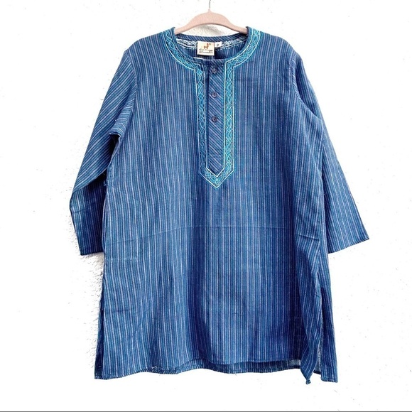Cottage Product Blue Embroidered Neck Tunic Top 2 - Picture 1 of 6